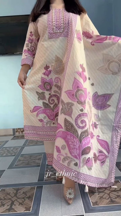 Graceful Cream & Lilac Floral Printed Cotton Stiched Dress Material with Dupatta