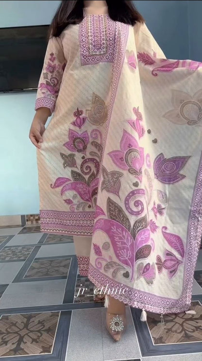 Graceful Cream & Lilac Floral Printed Cotton Stiched Dress Material with Dupatta