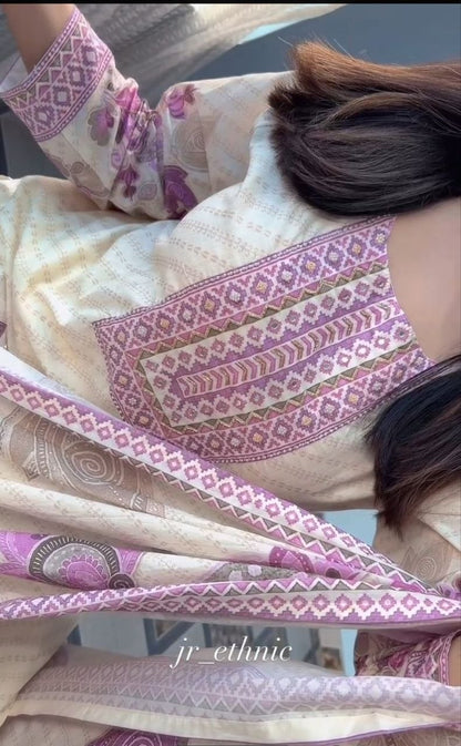Graceful Cream & Lilac Floral Printed Cotton Stiched Dress Material with Dupatta