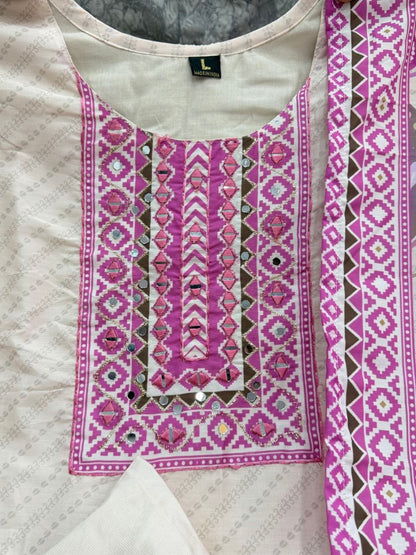 Graceful Cream & Lilac Floral Printed Cotton Stiched Dress Material with Dupatta