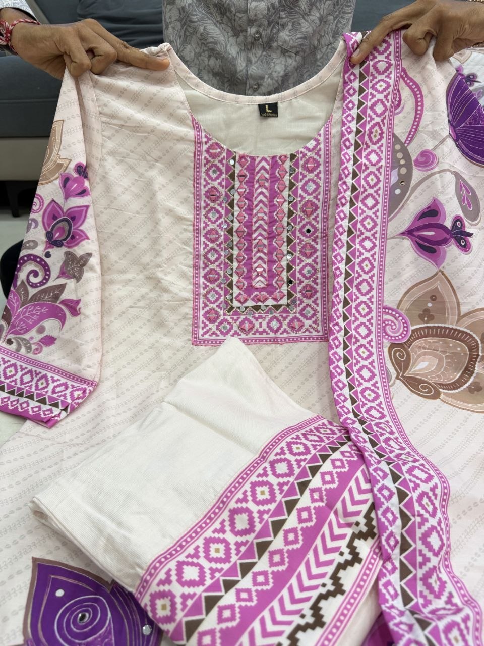 Graceful Cream & Lilac Floral Printed Cotton Stiched Dress Material with Dupatta