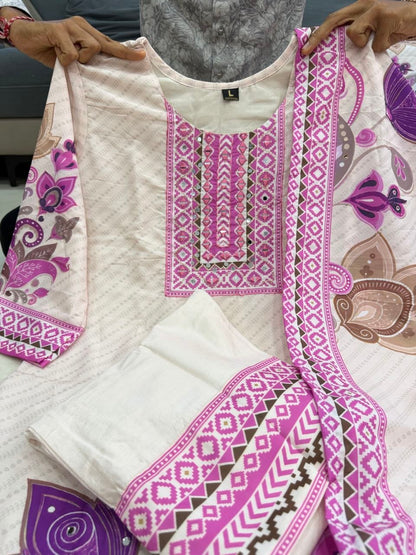 Graceful Cream & Lilac Floral Printed Cotton Stiched Dress Material with Dupatta