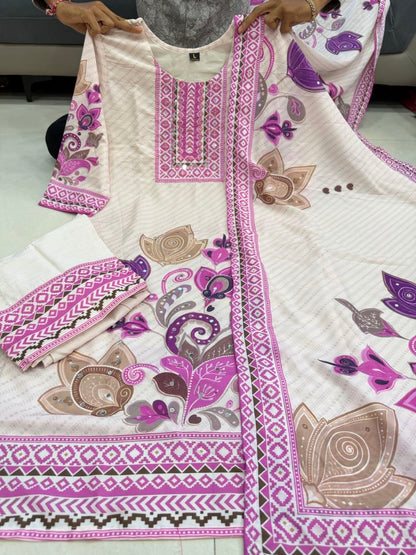 Graceful Cream & Lilac Floral Printed Cotton Stiched Dress Material with Dupatta