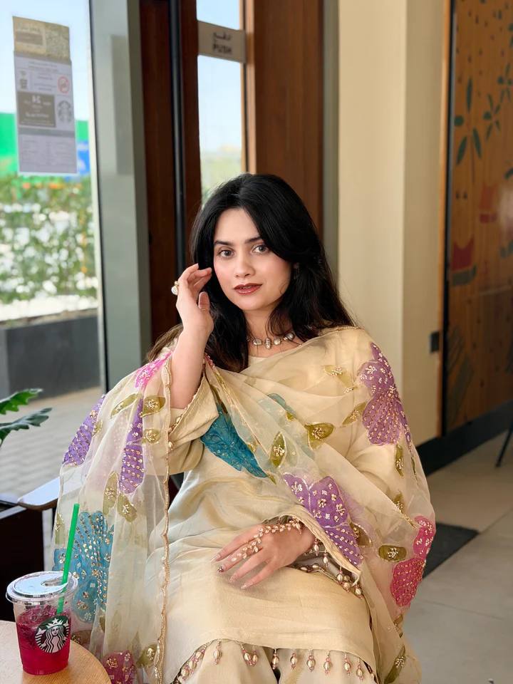 Ethereal Ivory Designer Suit Set in Heavy Pure Natural Crepe with Floral Embroidered Dupatta