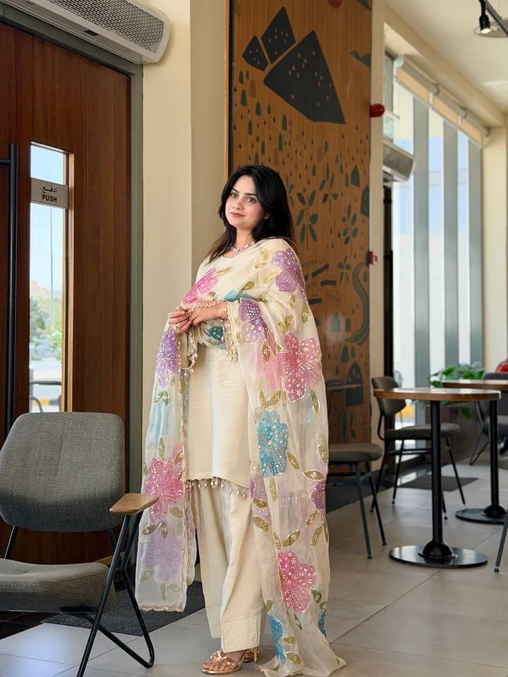 Ethereal Ivory Designer Suit Set in Heavy Pure Natural Crepe with Floral Embroidered Dupatta