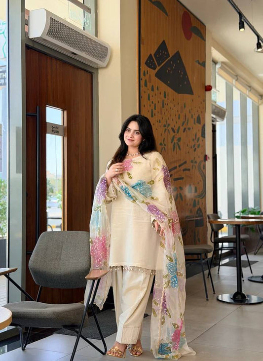 Ethereal Ivory Designer Suit Set in Heavy Pure Natural Crepe with Floral Embroidered Dupatta