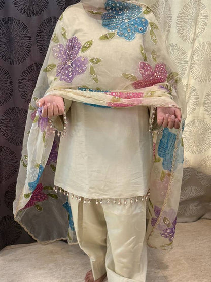 Ethereal Ivory Designer Suit Set in Heavy Pure Natural Crepe with Floral Embroidered Dupatta