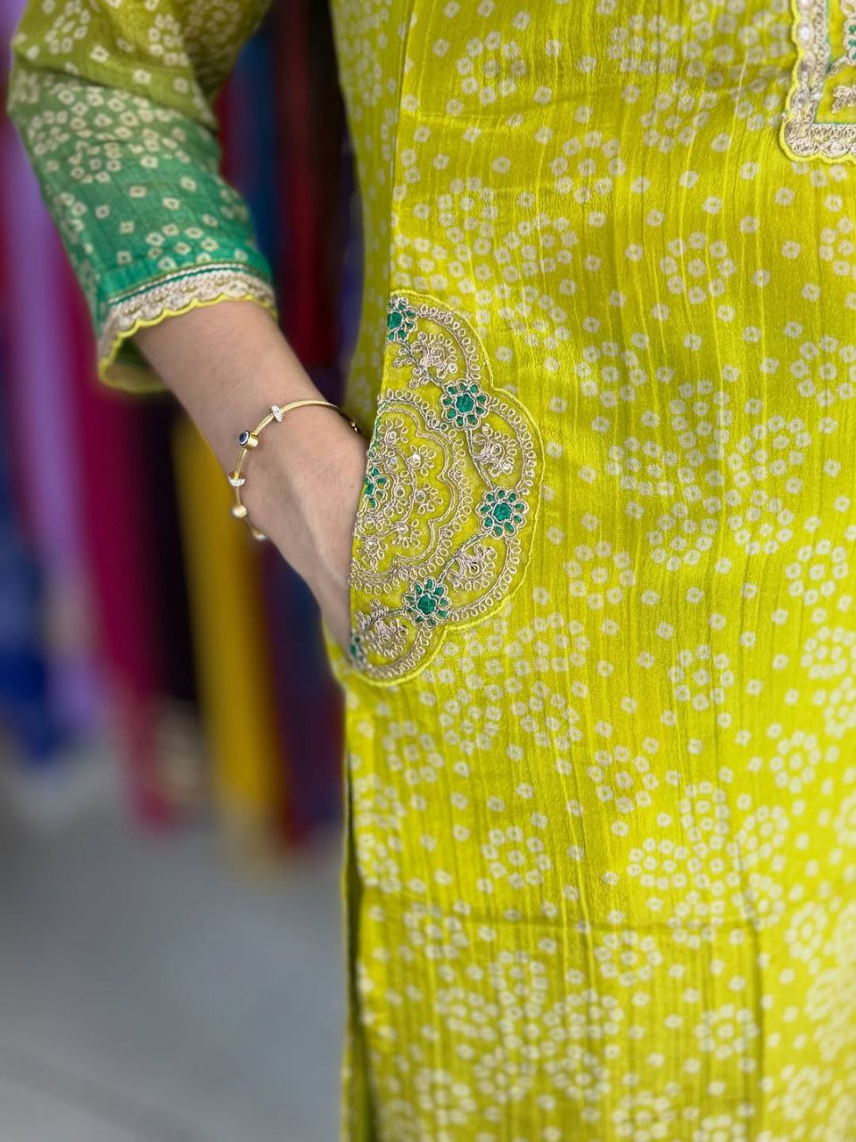 Elegant Lime Green Ombre Embroidered Russian Silk Blend Kurta Pant Set