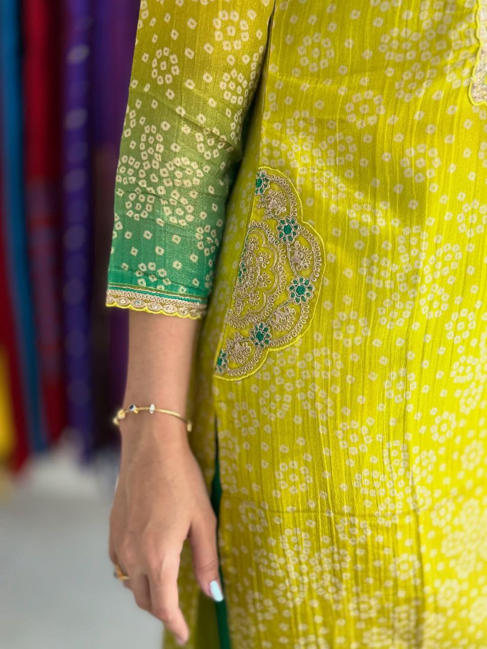 Elegant Lime Green Ombre Embroidered Russian Silk Blend Kurta Pant Set
