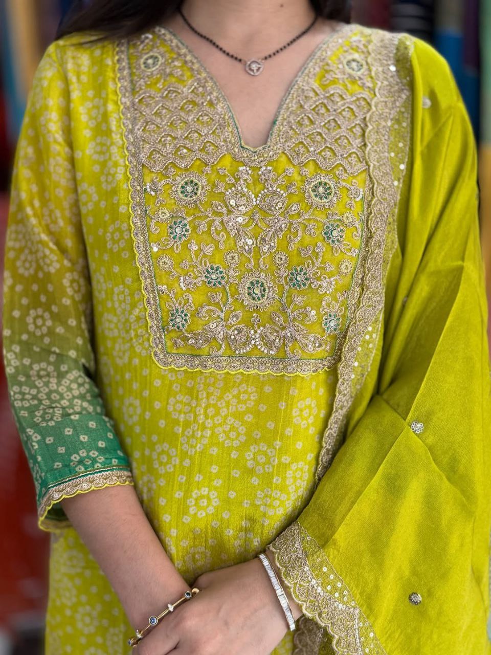 Elegant Lime Green Ombre Embroidered Russian Silk Blend Kurta Pant Set