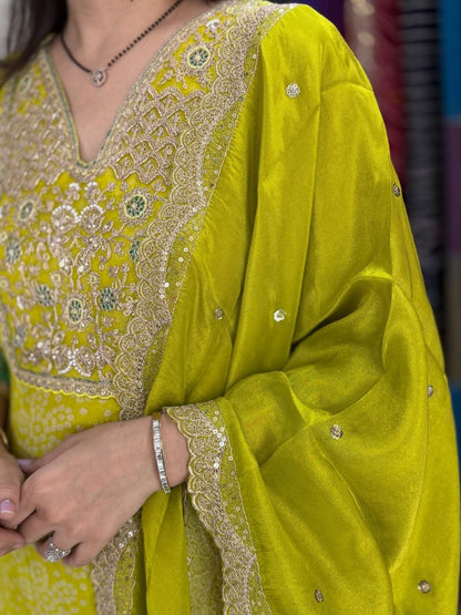 Elegant Lime Green Ombre Embroidered Russian Silk Blend Kurta Pant Set