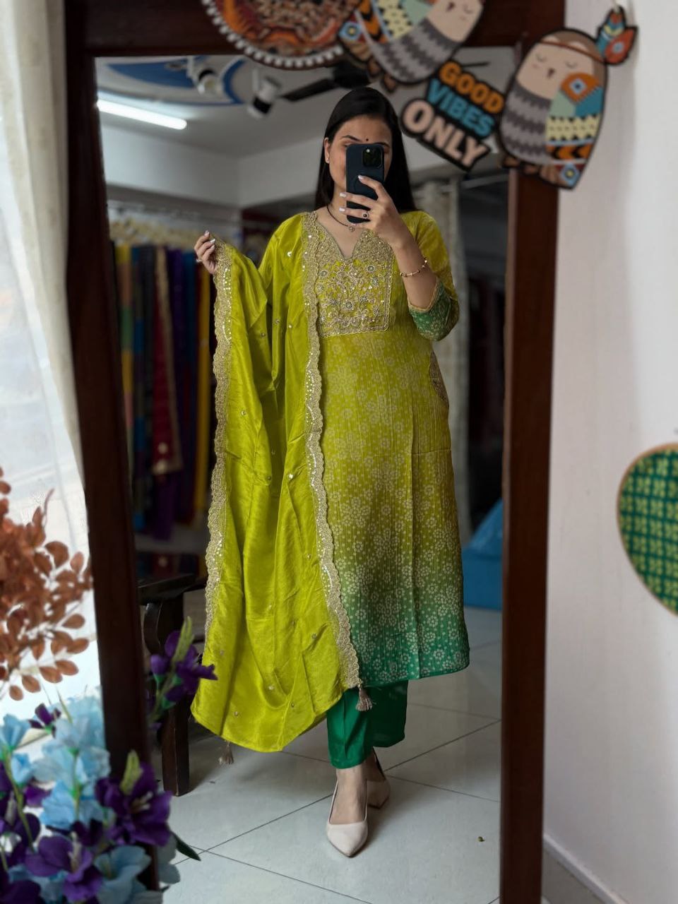 Elegant Lime Green Ombre Embroidered Russian Silk Blend Kurta Pant Set