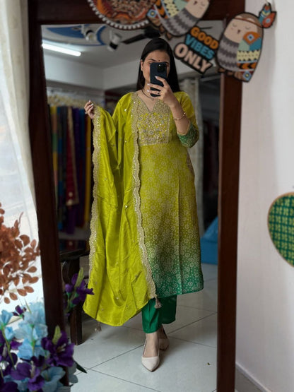 Elegant Lime Green Ombre Embroidered Russian Silk Blend Kurta Pant Set