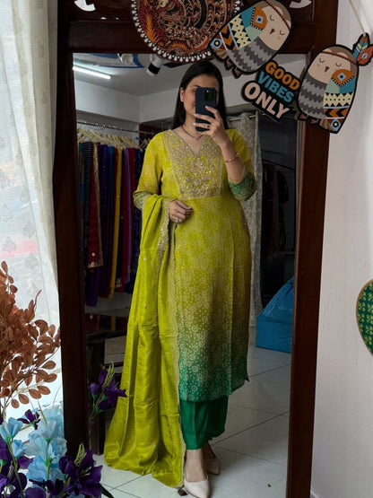 Elegant Lime Green Ombre Embroidered Russian Silk Blend Kurta Pant Set