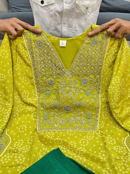 Elegant Lime Green Ombre Embroidered Russian Silk Blend Kurta Pant Set