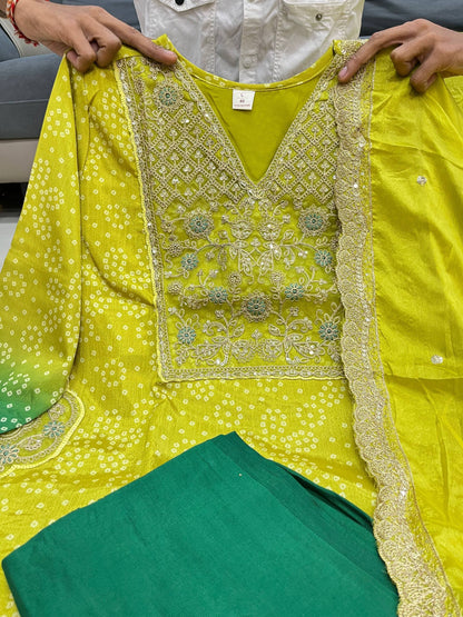 Elegant Lime Green Ombre Embroidered Russian Silk Blend Kurta Pant Set