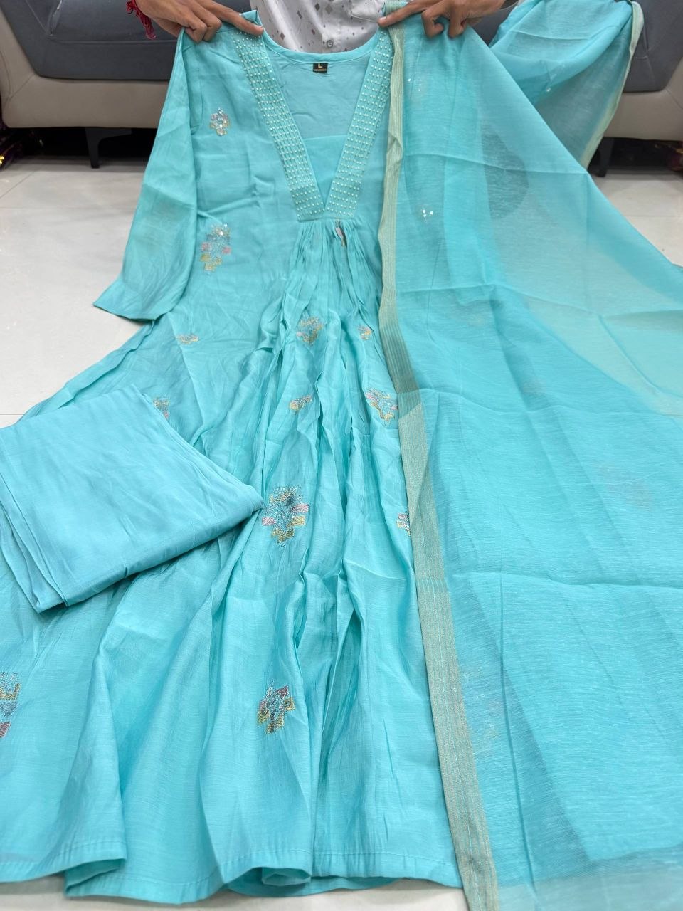 Charming Aqua Blue Embroidered Anarkali Suit Set