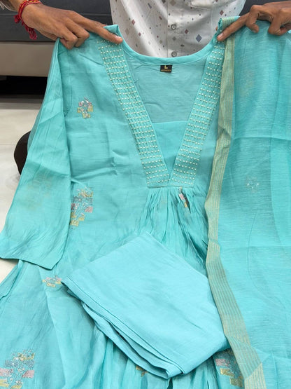 Charming Aqua Blue Embroidered Anarkali Suit Set