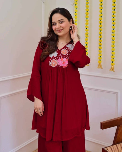 Premium Wine Red Embroidered Co-Ord Set for Women