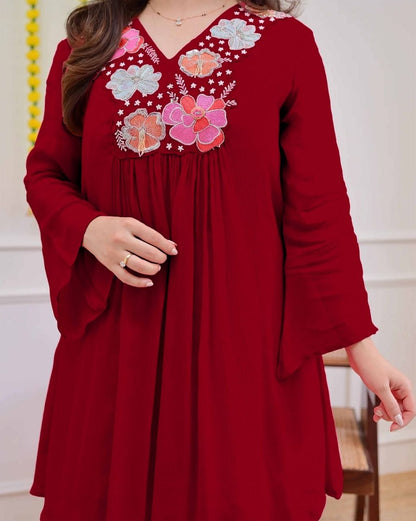 Premium Wine Red Embroidered Co-Ord Set for Women