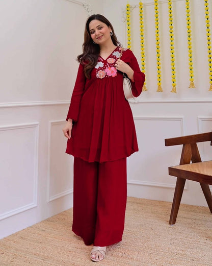 Premium Wine Red Embroidered Co-Ord Set for Women