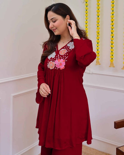 Premium Wine Red Embroidered Co-Ord Set for Women