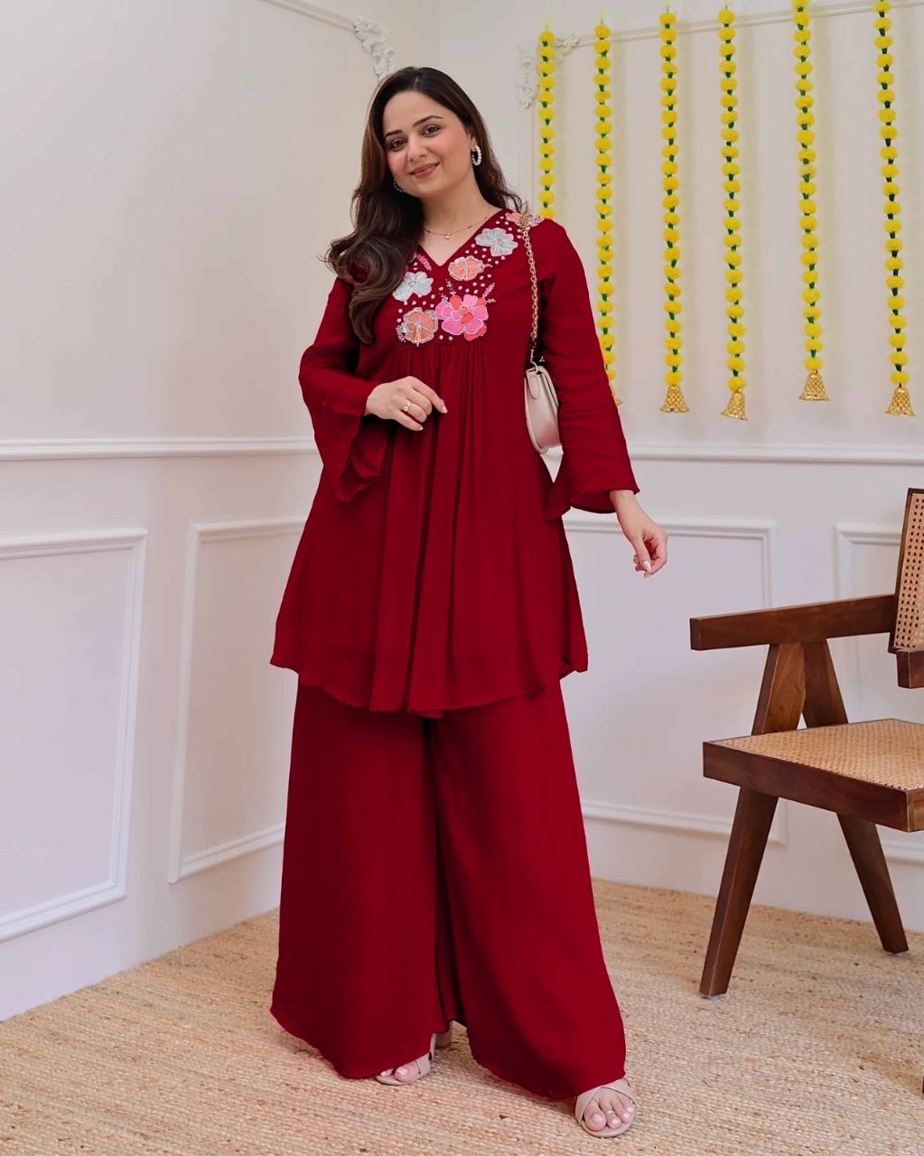 Premium Wine Red Embroidered Co-Ord Set for Women