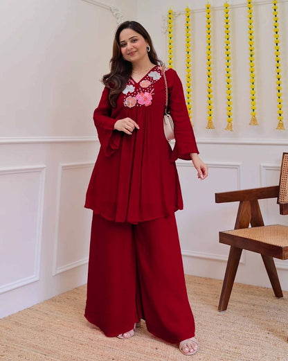Premium Wine Red Embroidered Co-Ord Set for Women