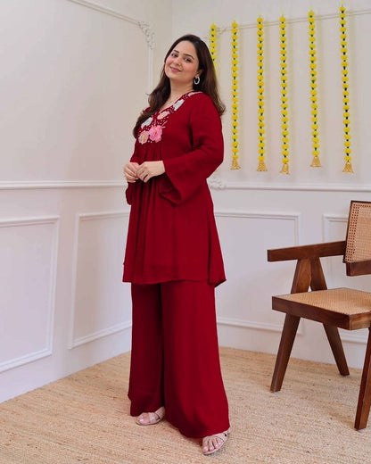 Premium Wine Red Embroidered Co-Ord Set for Women