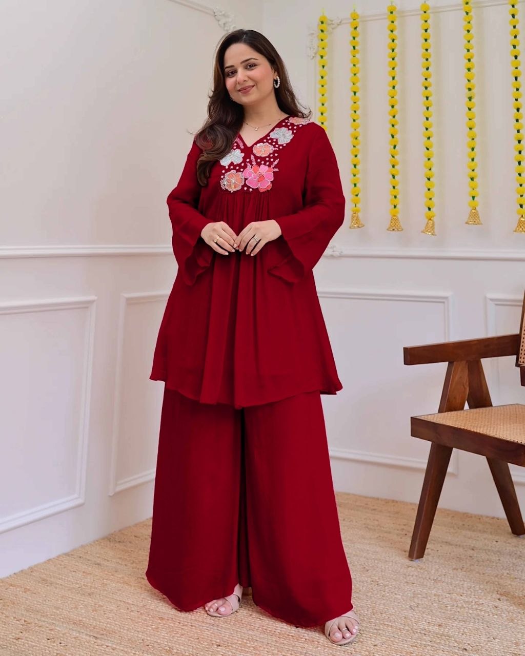 Premium Wine Red Embroidered Co-Ord Set for Women