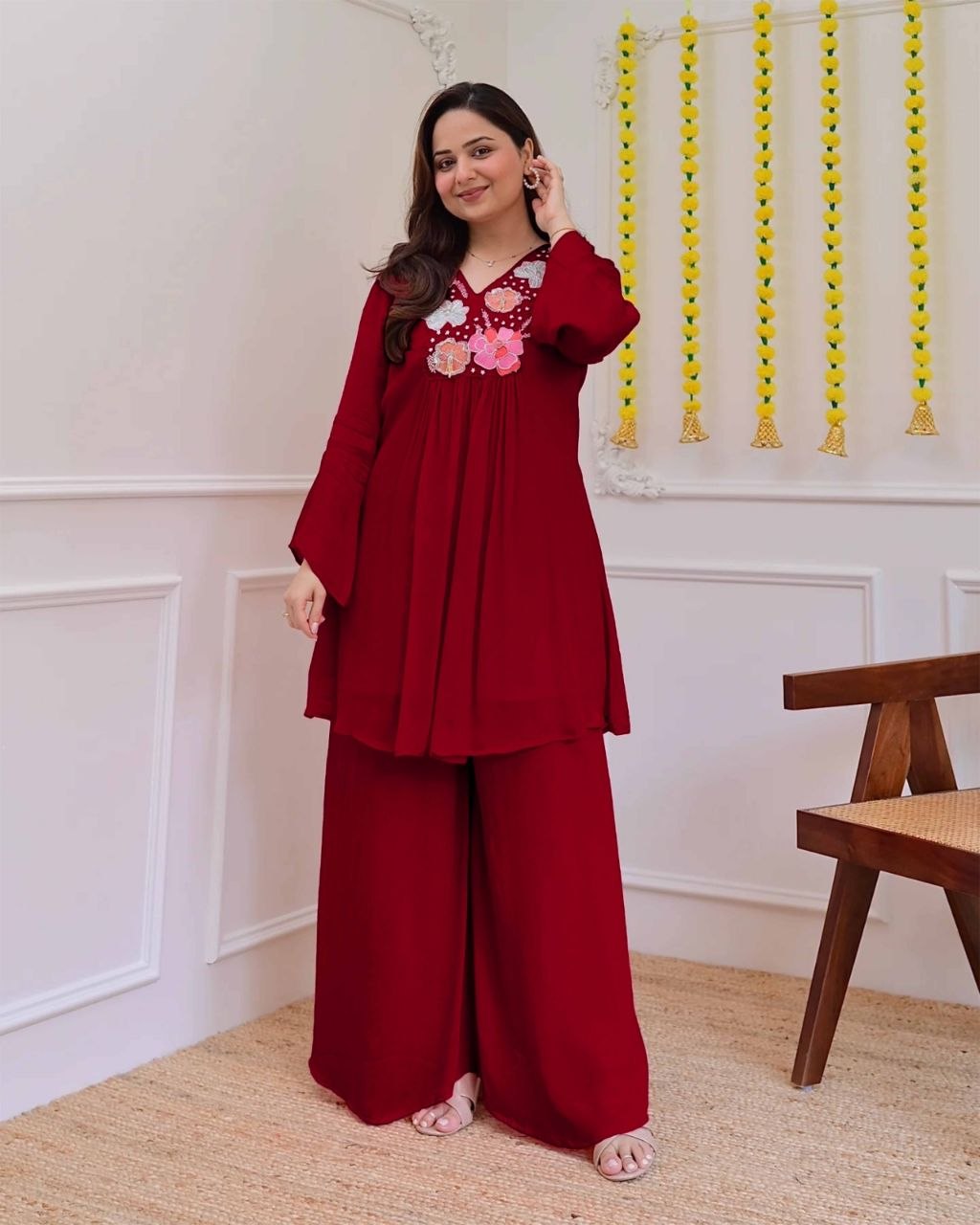 Premium Wine Red Embroidered Co-Ord Set for Women