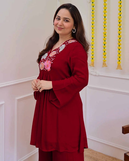 Premium Wine Red Embroidered Co-Ord Set for Women