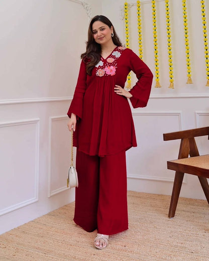 Premium Wine Red Embroidered Co-Ord Set for Women