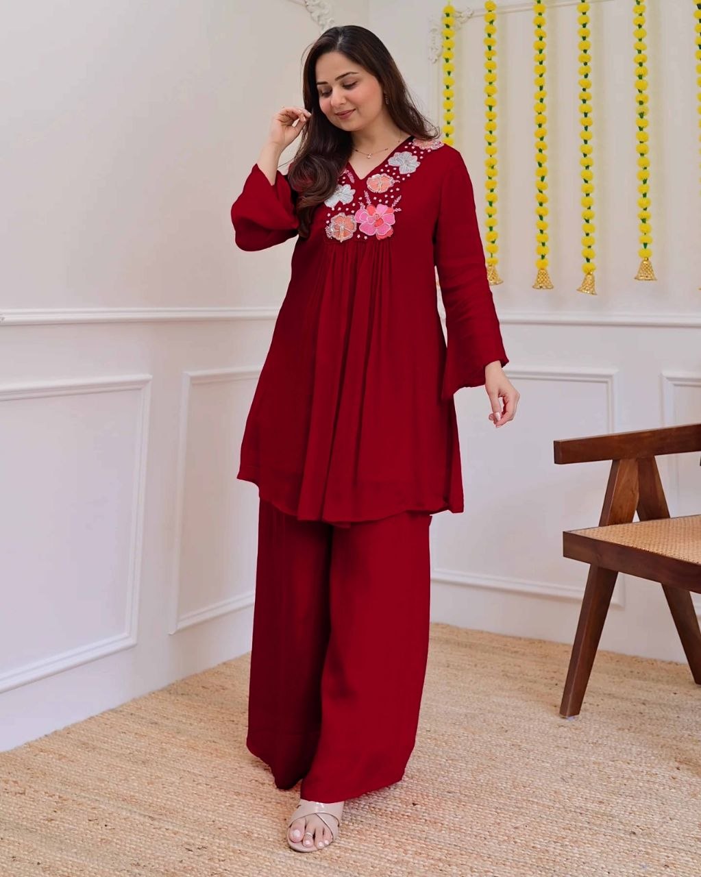 Premium Wine Red Embroidered Co-Ord Set for Women