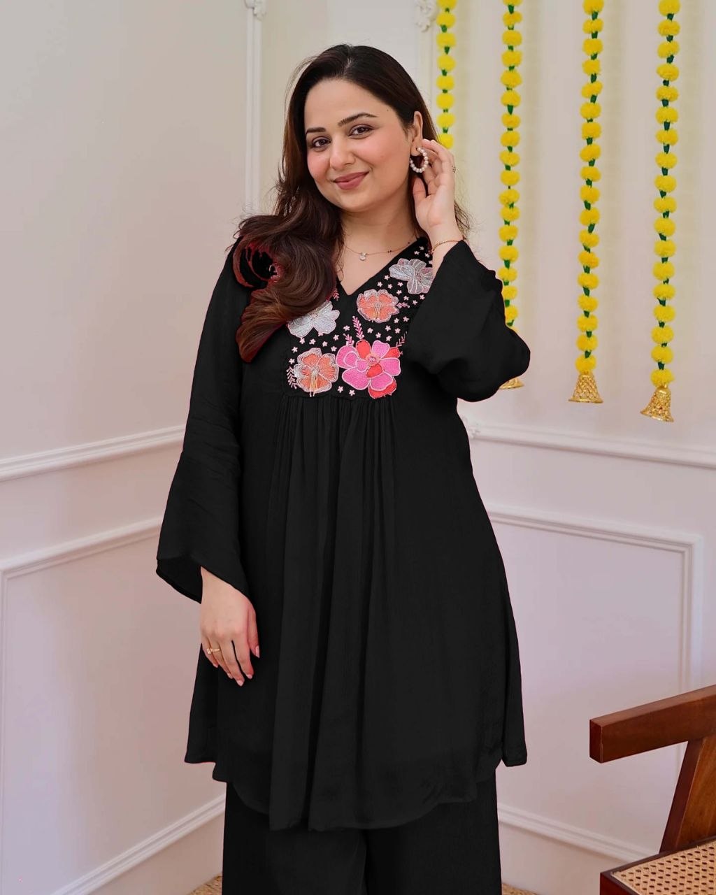 Graceful Black Floral Embroidered Co-Ord Set for Women