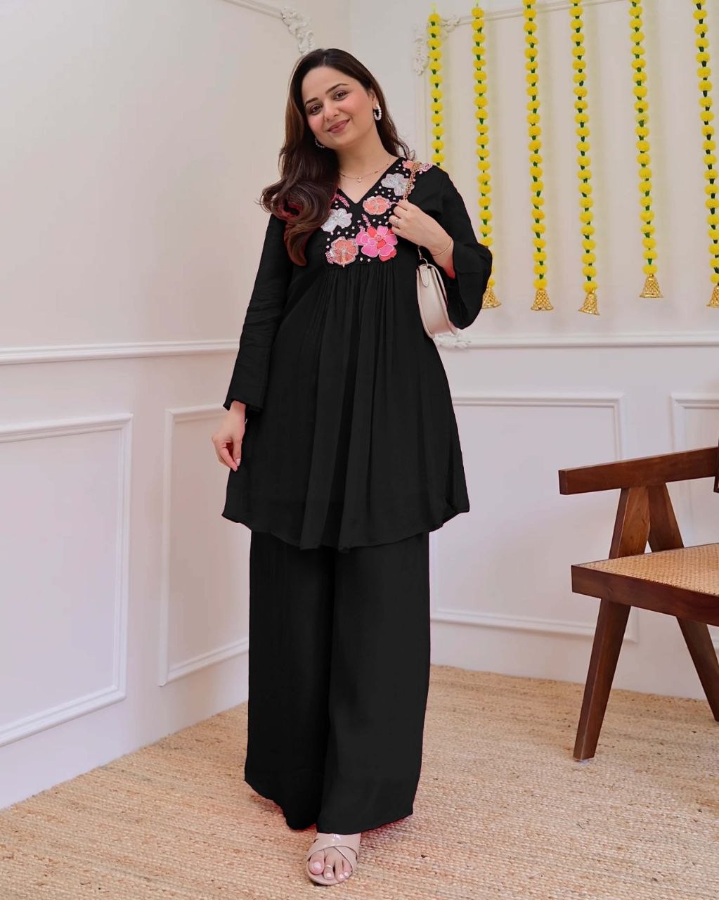 Graceful Black Floral Embroidered Co-Ord Set for Women
