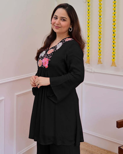 Graceful Black Floral Embroidered Co-Ord Set for Women