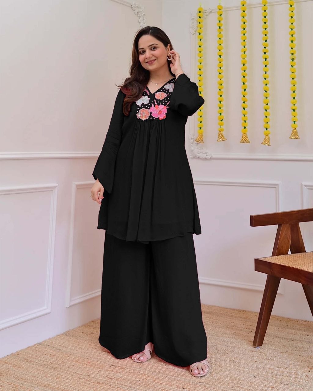 Graceful Black Floral Embroidered Co-Ord Set for Women