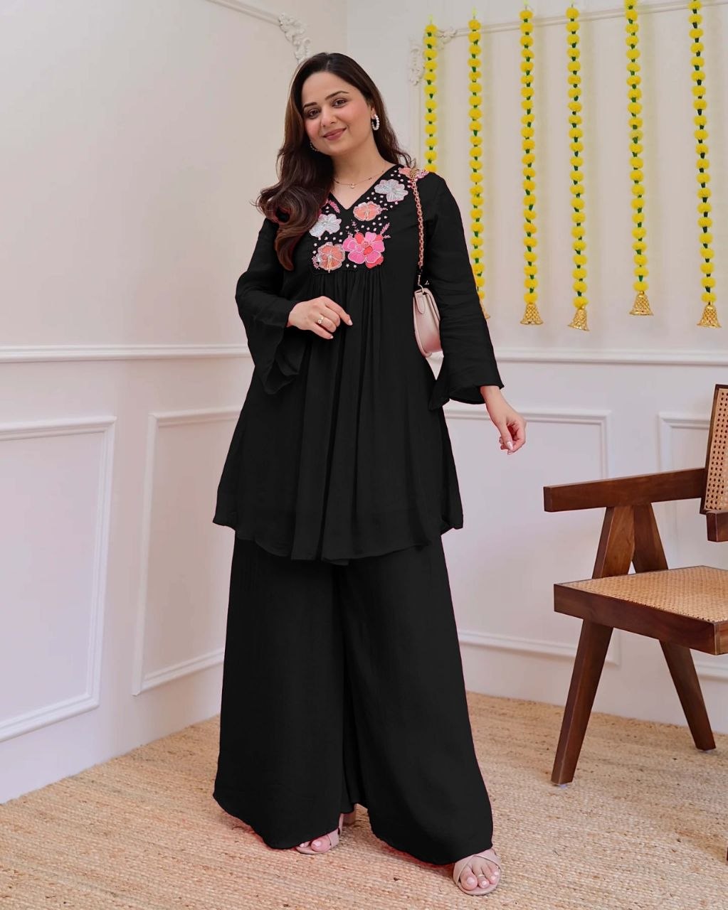 Graceful Black Floral Embroidered Co-Ord Set for Women
