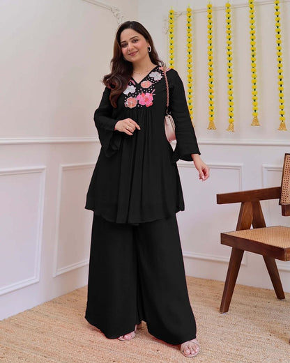 Graceful Black Floral Embroidered Co-Ord Set for Women