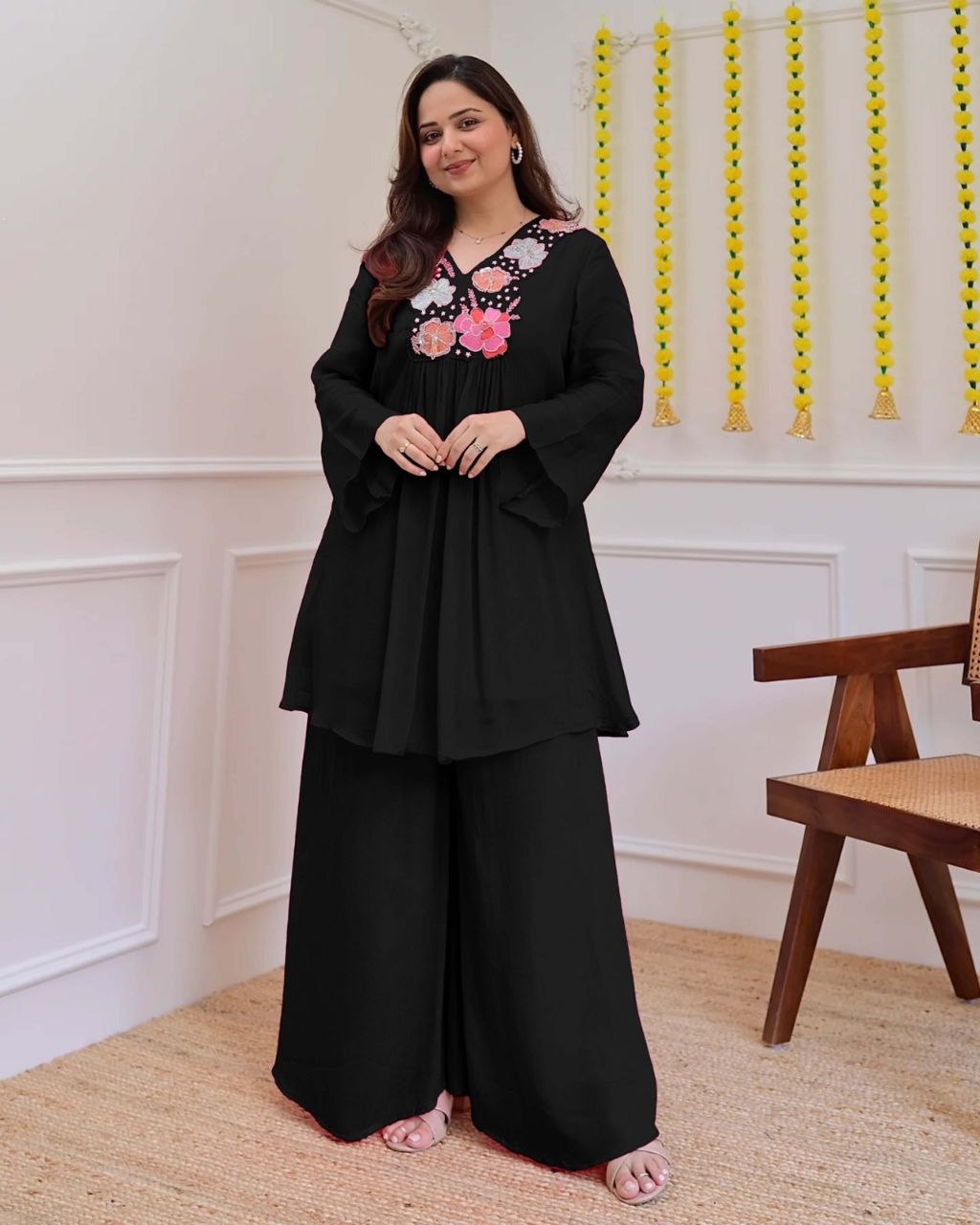 Graceful Black Floral Embroidered Co-Ord Set for Women