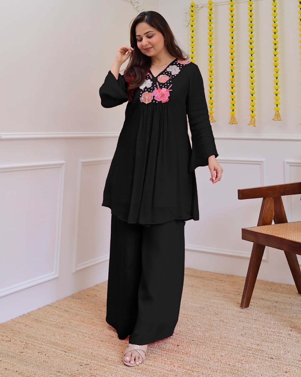 Graceful Black Floral Embroidered Co-Ord Set for Women