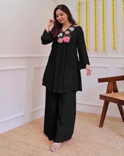 Graceful Black Floral Embroidered Co-Ord Set for Women
