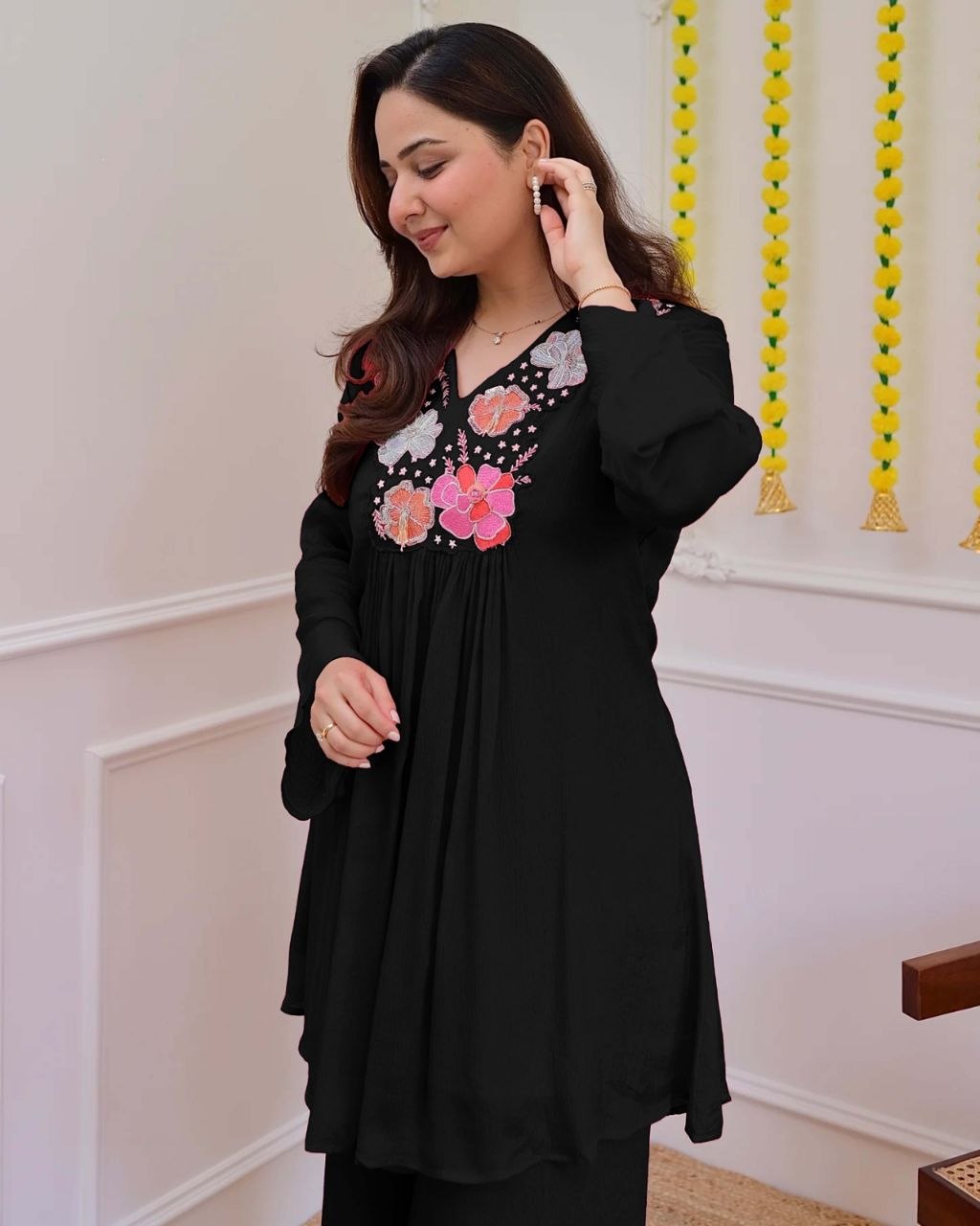 Graceful Black Floral Embroidered Co-Ord Set for Women