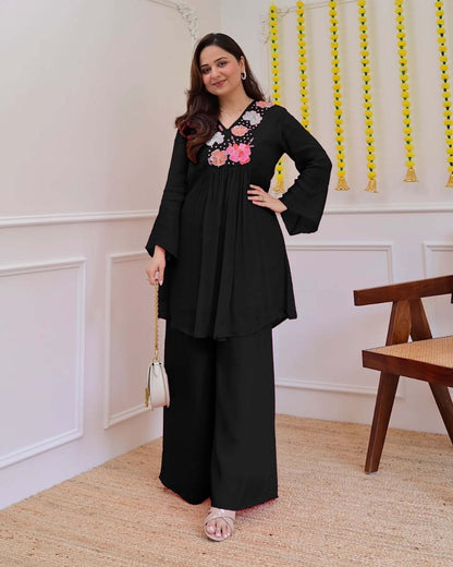 Graceful Black Floral Embroidered Co-Ord Set for Women