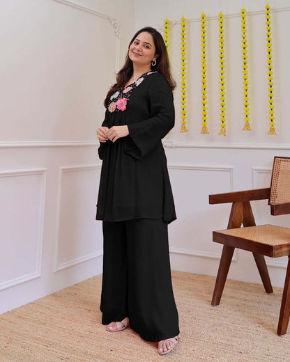 Graceful Black Floral Embroidered Co-Ord Set for Women