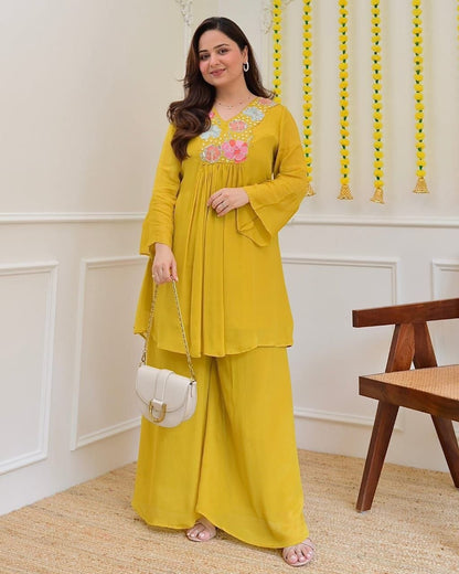 Magic Mustard Yellow Floral Embroidered Co-Ord Set for Women