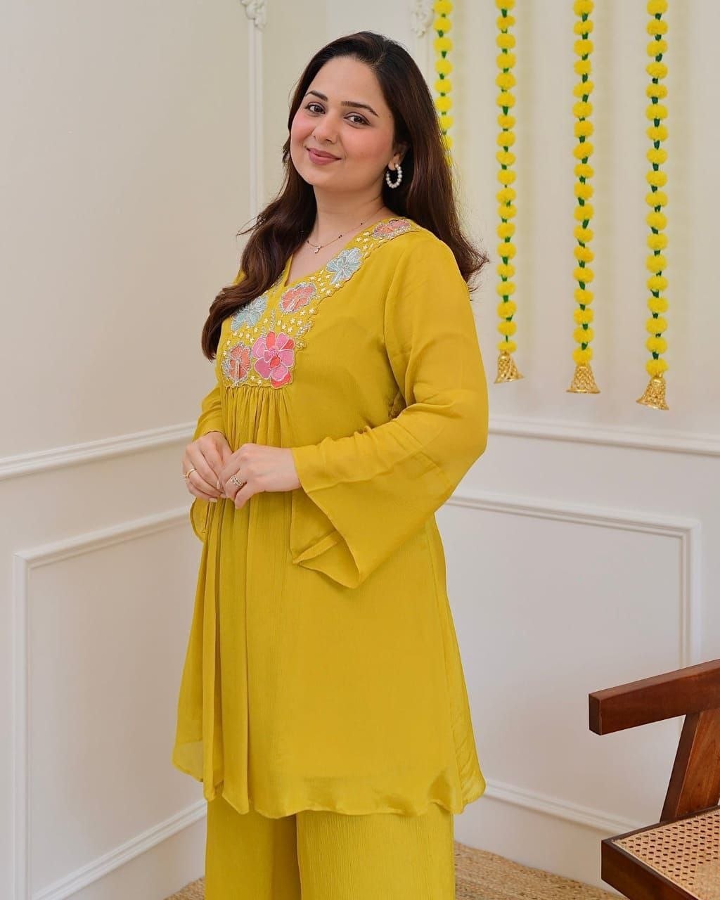 Magic Mustard Yellow Floral Embroidered Co-Ord Set for Women