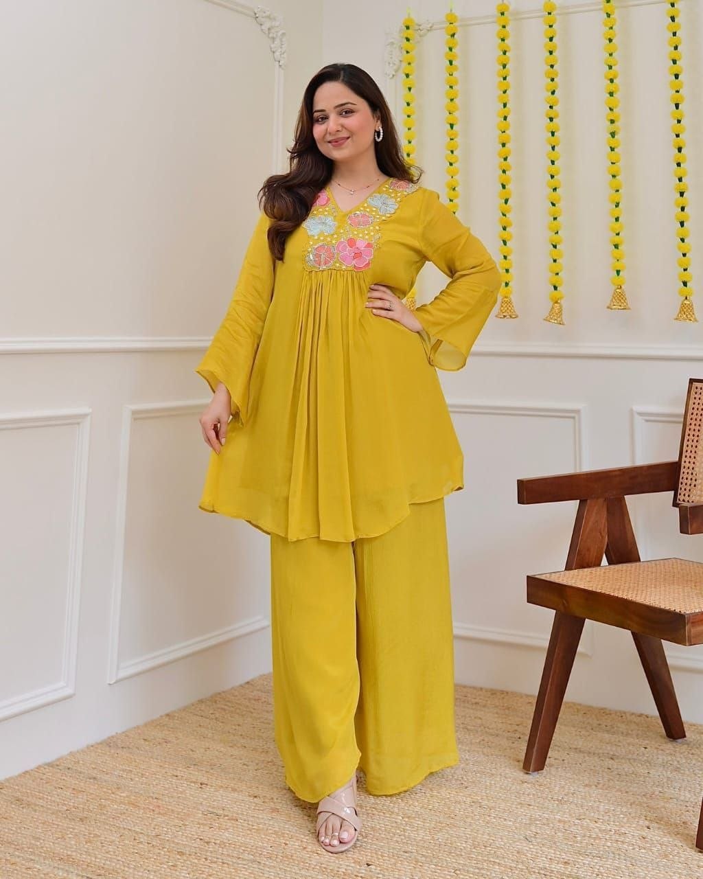 Magic Mustard Yellow Floral Embroidered Co-Ord Set for Women
