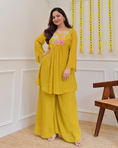 Magic Mustard Yellow Floral Embroidered Co-Ord Set for Women